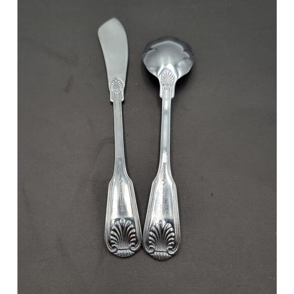 Towle London Shell Stainless Sugar Spoon & Master Butter Knife Set Vintage JAPAN - Picture 2 of 3